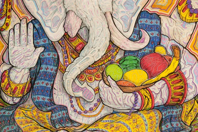 Close up of psychedelic trippy ganesh spiritual god painting
