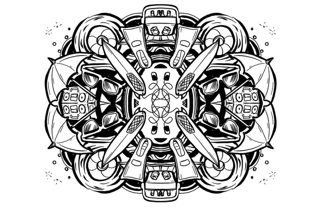 Black and white line art mandala composed of symmetrical beach objects like surfboards, flippers and sunglasses