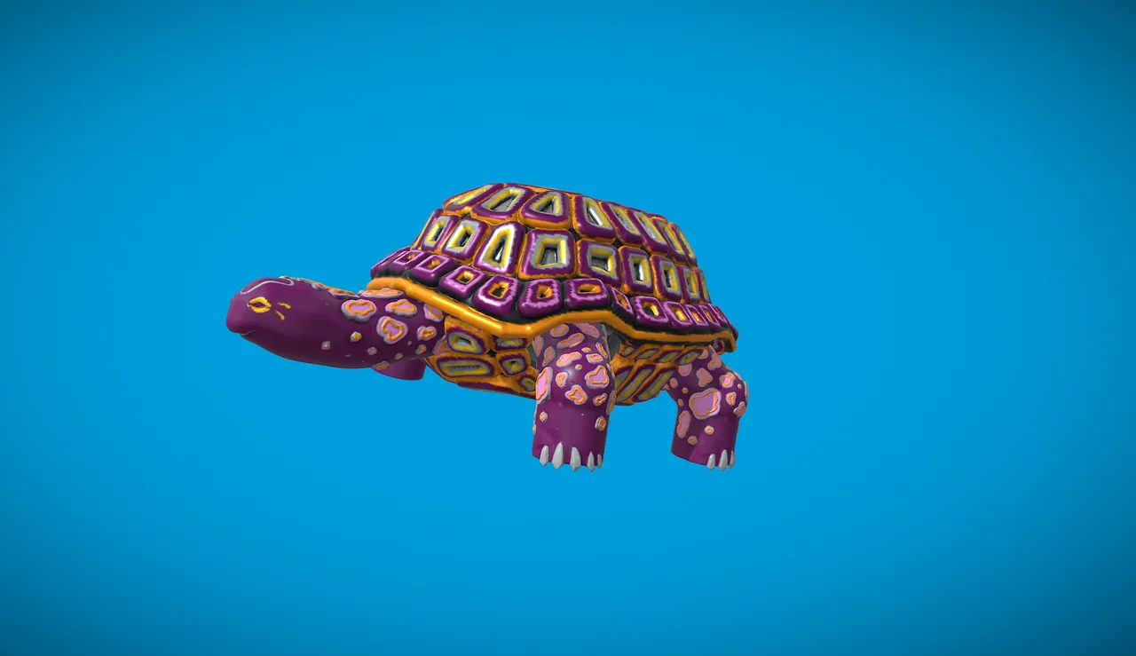 3D render of a vibrant purple tortoise with pink spots and a geometric gold and purple shell on a blue background