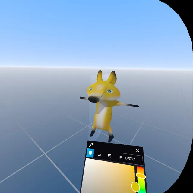 VR sculpt of a stylized yellow fox creature in a T-pose floating above a virtual color palette