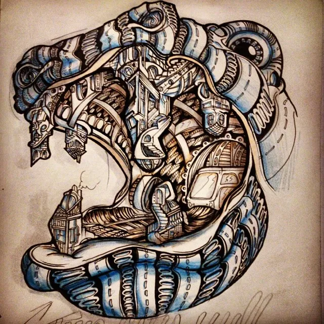 Ink drawing of an open biomechanical jaw revealing intricate internal architectural structures in blue and brown