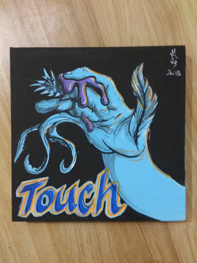 Black canvas painting of a blue hand with tentacles, a feather, and purple slime above the word Touch