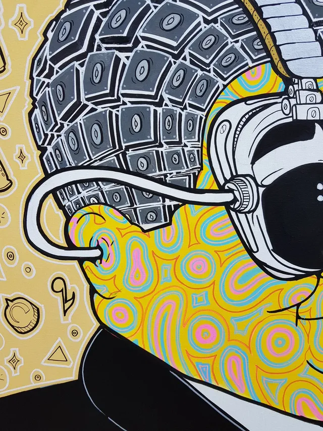 Close-up painting of a psychedelic face with swirling yellow skin, headphones, and a head formed from stacked speakers