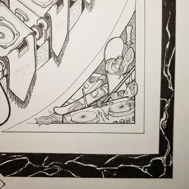 Ink illustration detail showing turntables, a skateboard, and speakers enclosed by a black marbled border