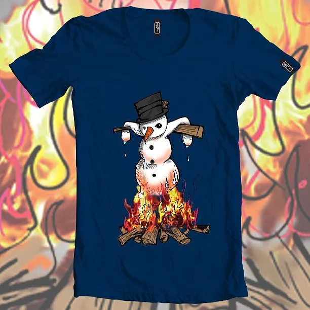 Navy t-shirt with an illustration of a snowman suspended on a stick melting over a fire