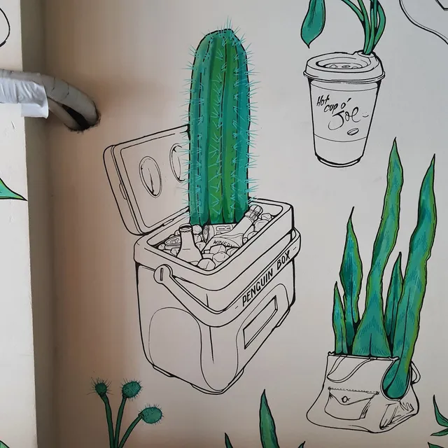 Wall mural of line-drawn objects sprouting green plants, including a cactus in a cooler and a plant in a coffee cup