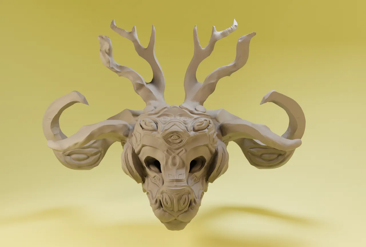 3D render of a symmetrical totemic animal mask with antlers, curved horns, and a third eye