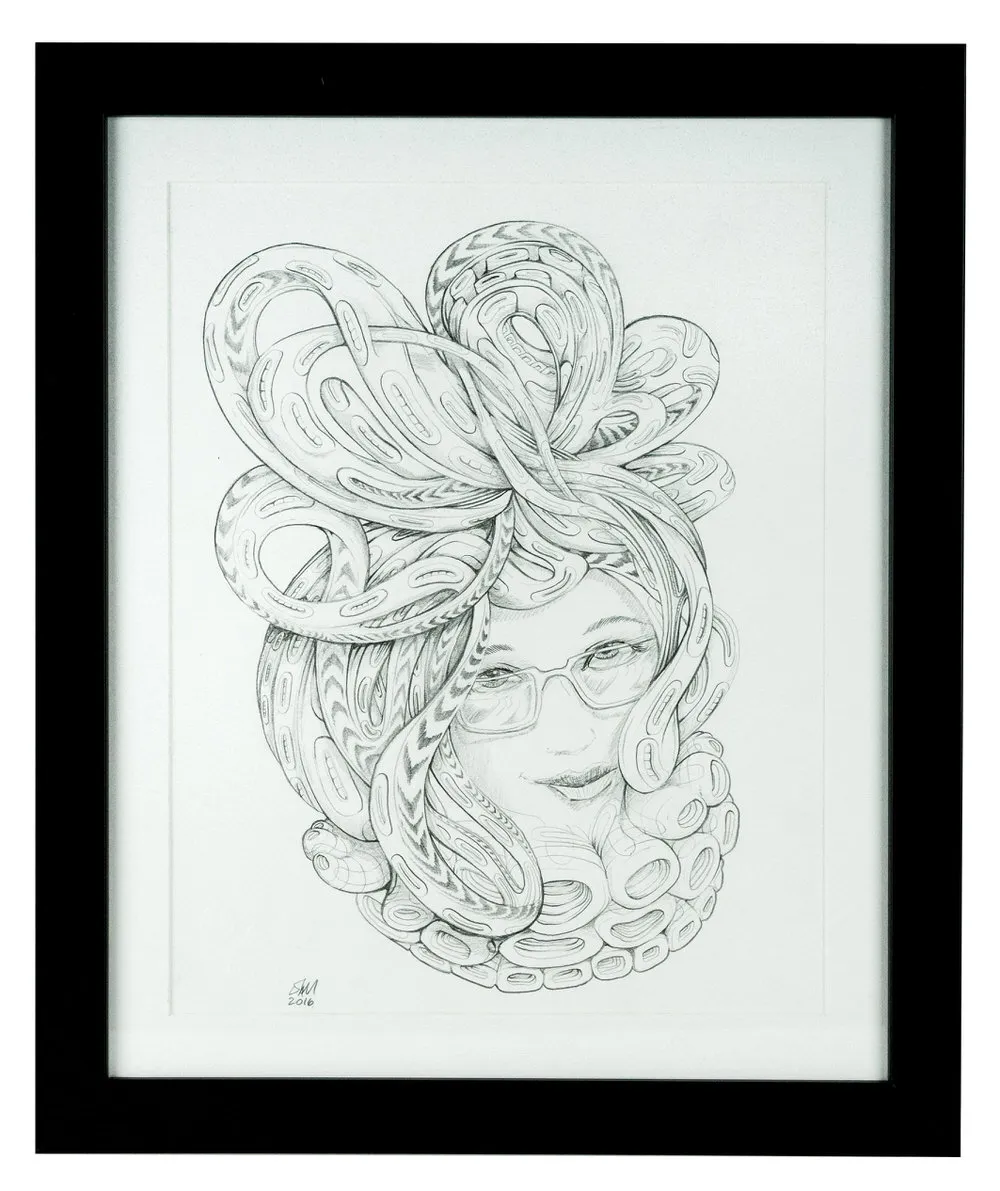 Framed line drawing of a woman wearing glasses with intricate swirling patterned tentacles for hair