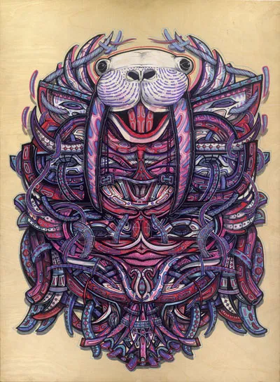 Symmetrical totemic illustration on wood panel featuring a walrus head and complex purple and pink interwoven patterns
