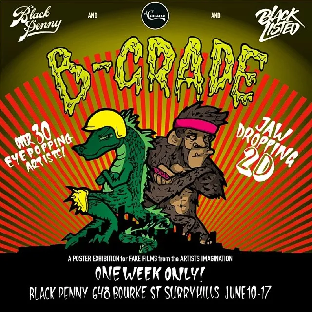 Cartoon illustration of a green crocodile in a helmet and a gorilla with a headband for a 'B-GRADE' poster