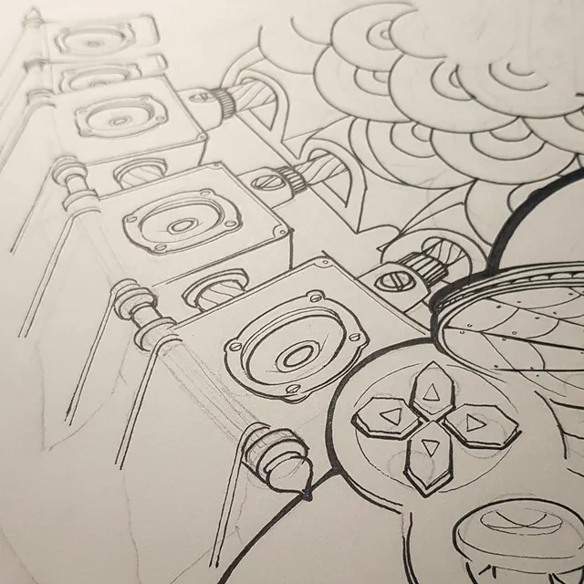 Pencil and ink sketch showing receding audio speakers, a video game controller, and vinyl records