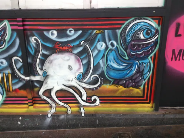 Mural of a white octopus with a red crab on its head holding a paintbrush next to a stylized blue sea creature