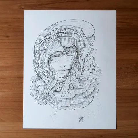 Pencil drawing of a woman's face with closed eyes framed by a surreal, intricate hood of organic and mechanical shapes