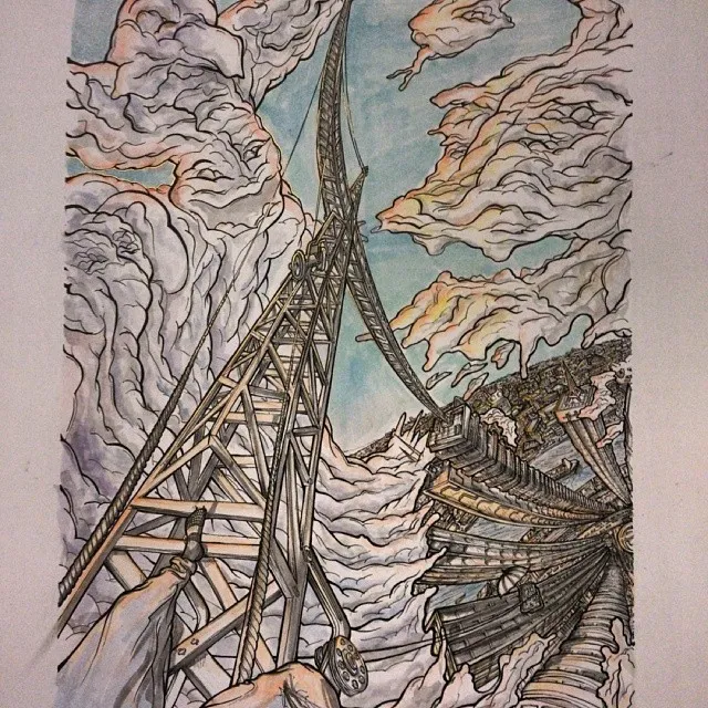 Surreal ink illustration of a tall lattice tower reaching into swirling clouds beside a warped, curving cityscape