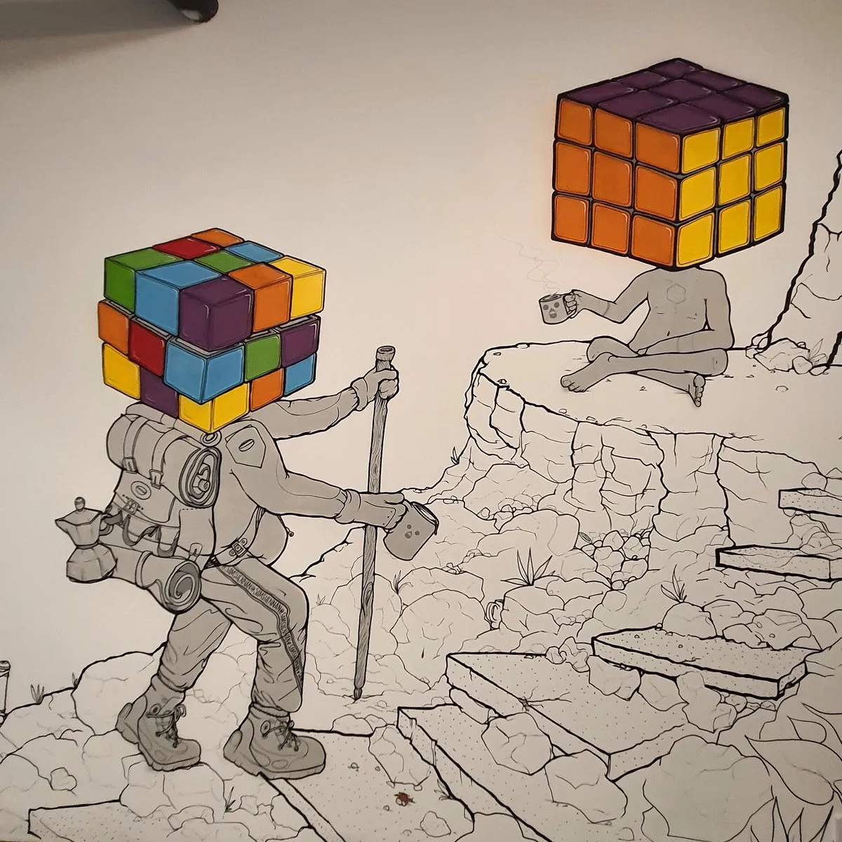 Illustration of a hiker with a scrambled Rubik's cube head climbing rocky stairs to a seated figure with a similar head