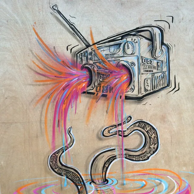 Painting on wood of a black and white boombox shooting colorful liquid onto octopus tentacles rising from a puddle