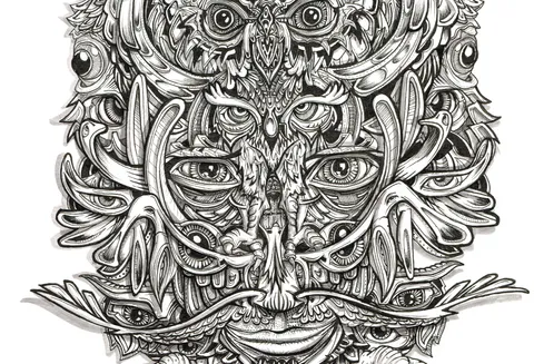 Black and white ink drawing of a symmetrical, psychedelic owl mask featuring multiple eyes and intricate line work
