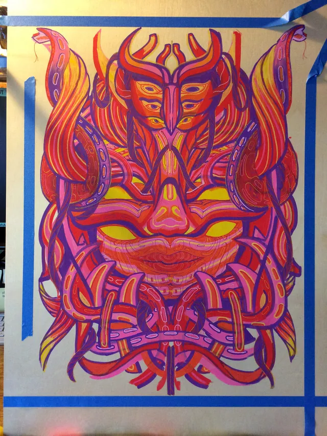 Psychedelic illustration of a symmetrical multi-eyed face with tentacles in red and pink, bordered by blue tape