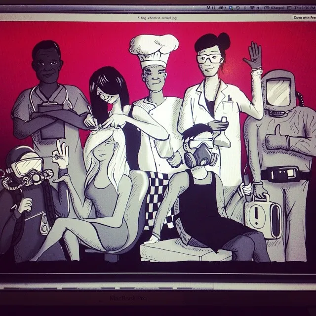 Digital illustration of characters in various uniforms including a chef, scientist, and hazmat suit on a red background