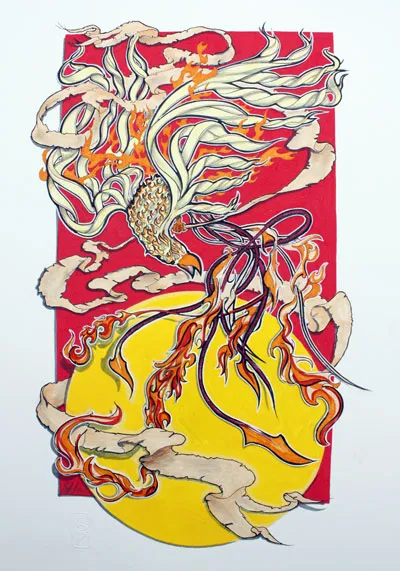 Ink illustration of a stylized phoenix with cream feathers, fiery details, and scrolls on red and yellow