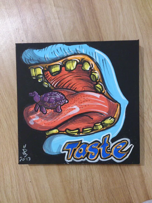 Canvas painting of an open mouth with blue lips, yellow teeth, and a purple turtle on the tongue above the word Taste