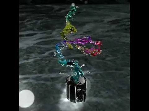 3D render of vibrant, multi-colored liquid spiraling and splashing upwards out of a black mug