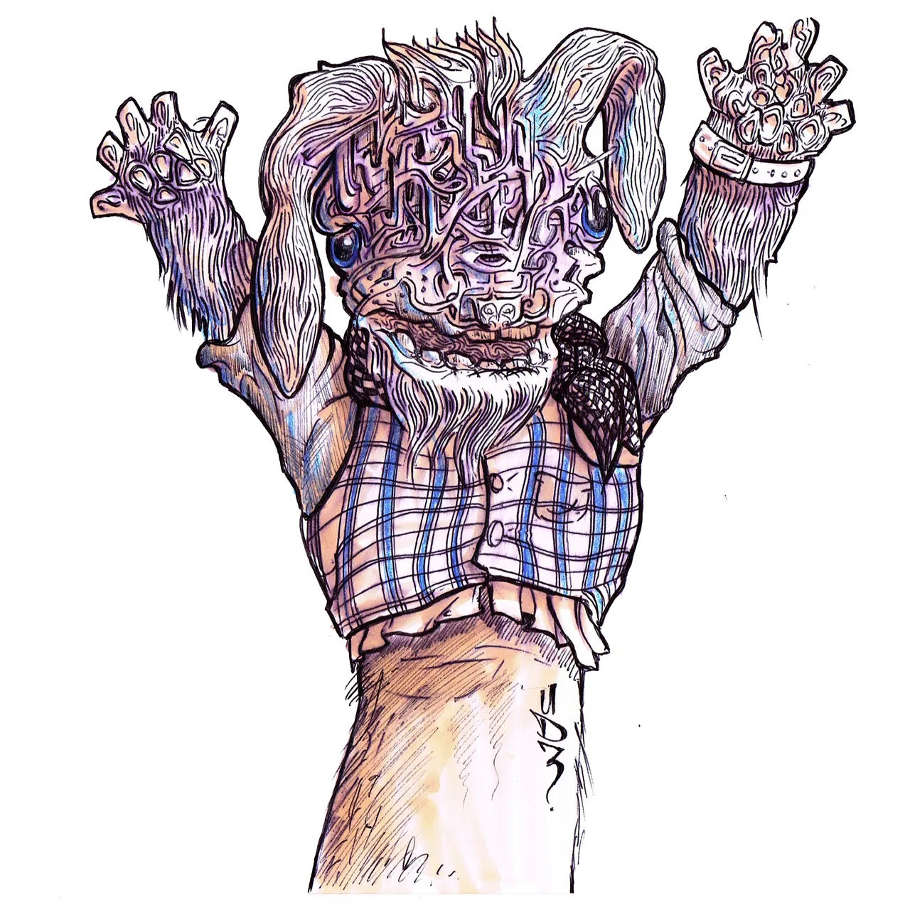 Ink and copic marker illustration of a psychedelic rabbit hand puppet with multiple eyes and a plaid shirt