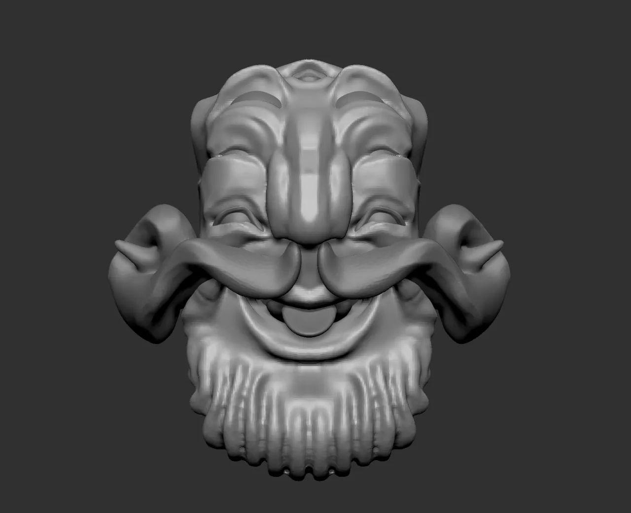 Grey 3D sculpt of a symmetrical laughing face with a large curled mustache and stylized beard