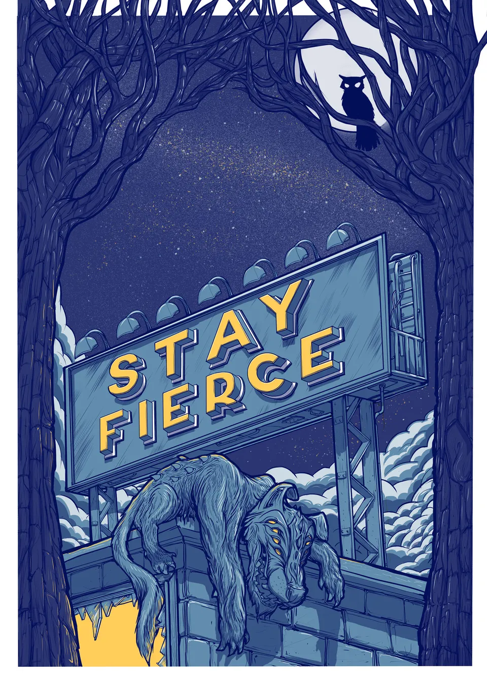 Psychedelic illustration of a multi-eyed creature on a building, under a "STAY FIERCE" billboard at night