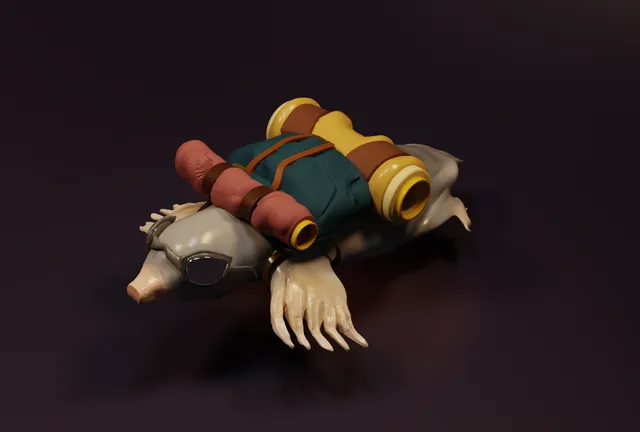 3D render of a mole with prominent claws wearing goggles and a colorful backpack