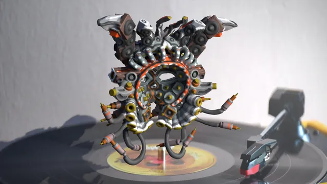 3D render of a symmetrical mask built from audio speakers and cables hovering over a turntable