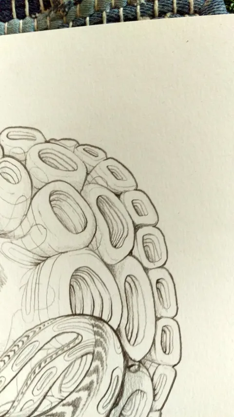 Close-up pencil sketch of clustered, hollow tubular shapes forming an organic, psychedelic hairdo
