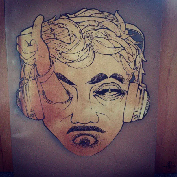 Surreal ink drawing of a face with banana hair, headphones, an eye in the mouth, and a thumbs-up emerging from one eye