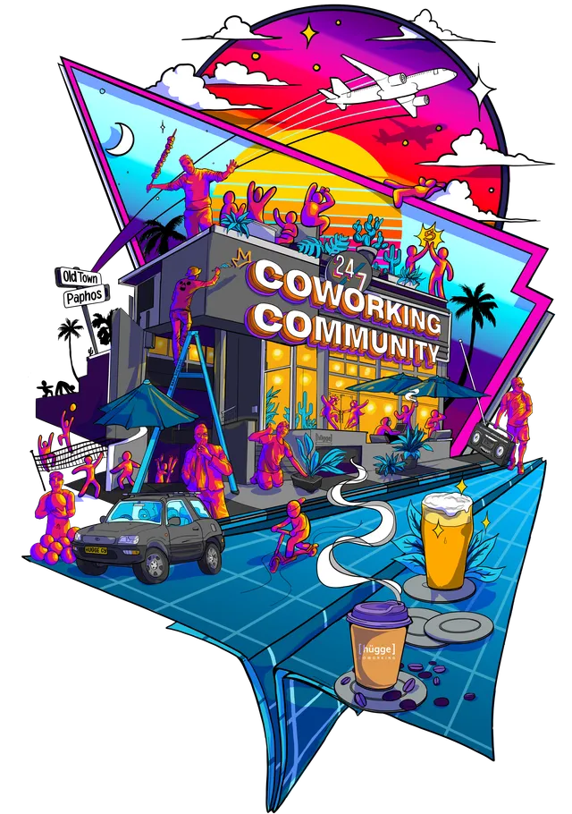 Colorful digital illustration of a busy 24/7 coworking building at sunset with neon figures, a parked car, and large drinks