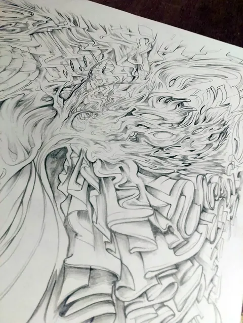 Psychedelic pencil drawing of flowing abstract shapes, geometric folds, and scattered eyes