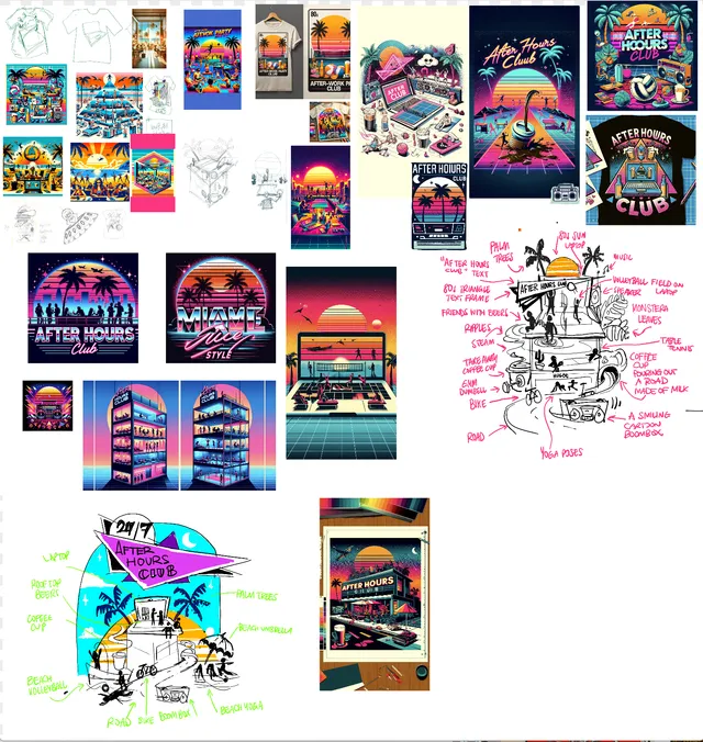 Mood board of retro neon digital illustrations, t-shirt mockups, and annotated sketches for an After Hours Club design