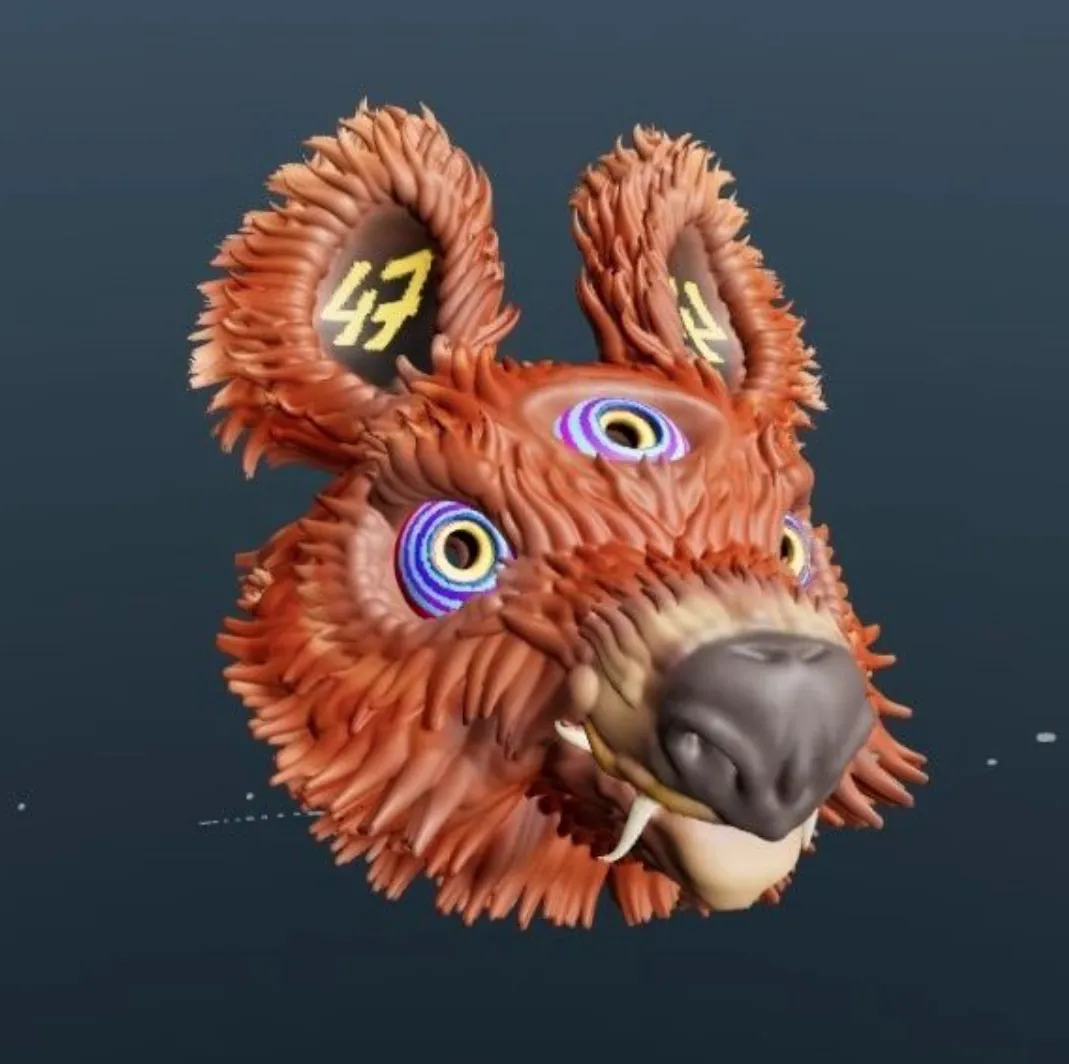 3D render of a furry brown animal head with three psychedelic spiral eyes and the number 47 in its ears