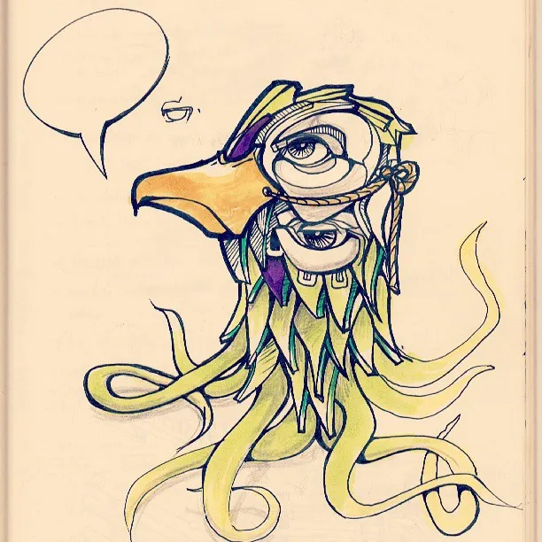 Ink drawing of a surreal creature with a bird beak, stacked human eyes, and tentacles beside an empty speech bubble