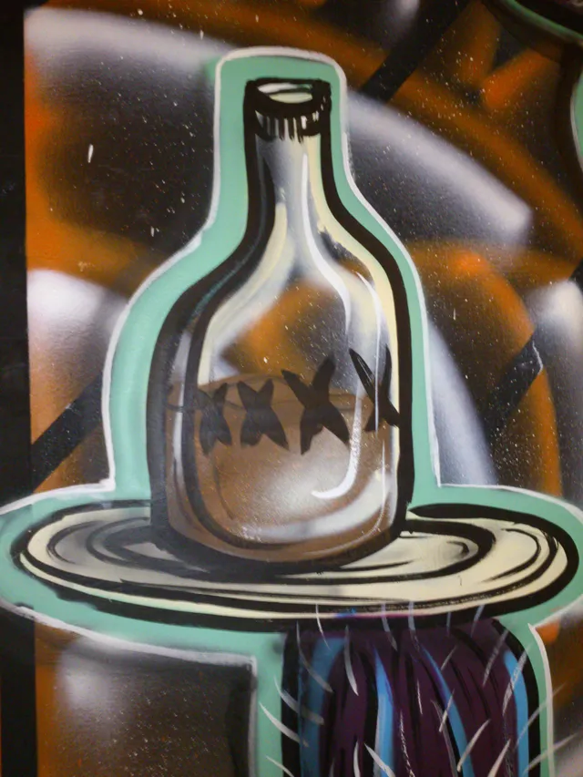 Spray painted detail of a stylized glass bottle marked XXXX on a plate with bold black outlines and a mint green halo