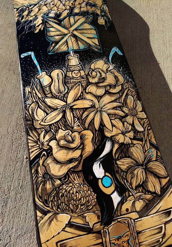 Hand painted floral illustration skateboard graphic design