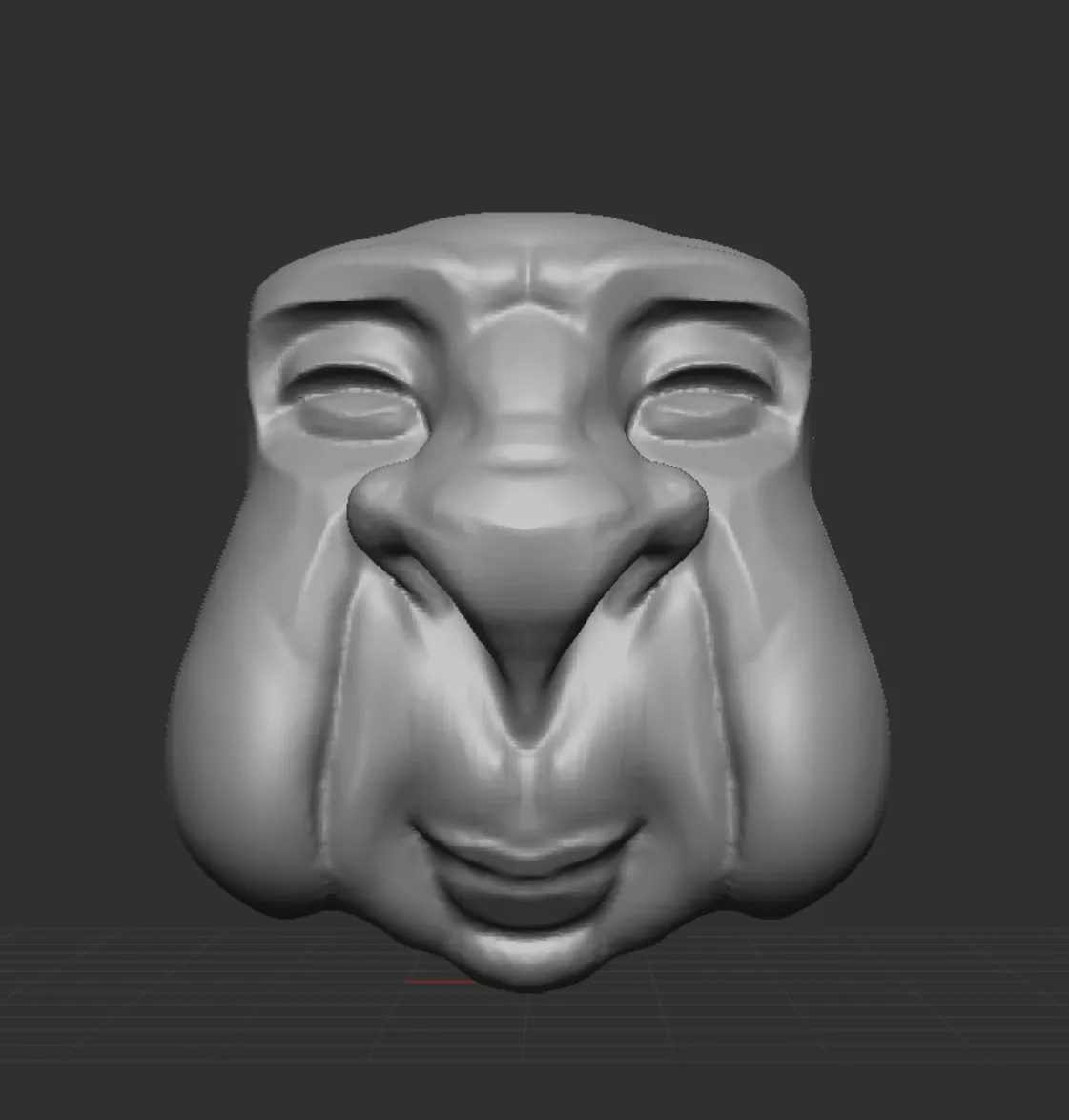 3D digital sculpt of a stylized, symmetrical face with a prominent nose and large cheeks