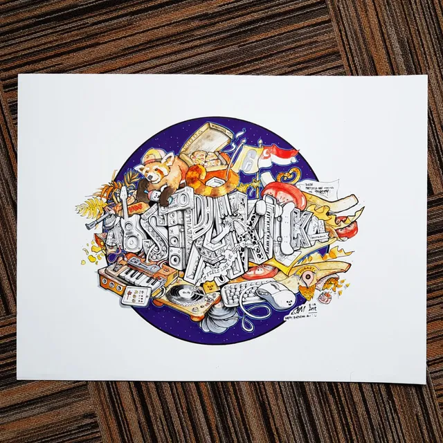 Circular ink drawing of a dense collage featuring a red panda, pizza, turntable, keyboard, and bold 3D lettering