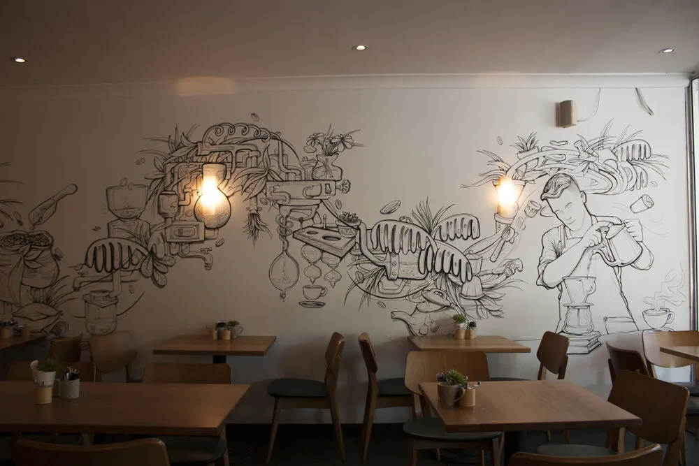 Coffee mural for cafe featuring beans and the growing process