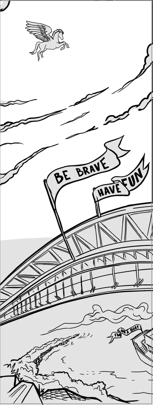 Line illustration of the Sydney Harbour Bridge, a flying pegasus, and flags reading BE BRAVE and HAVE FUN