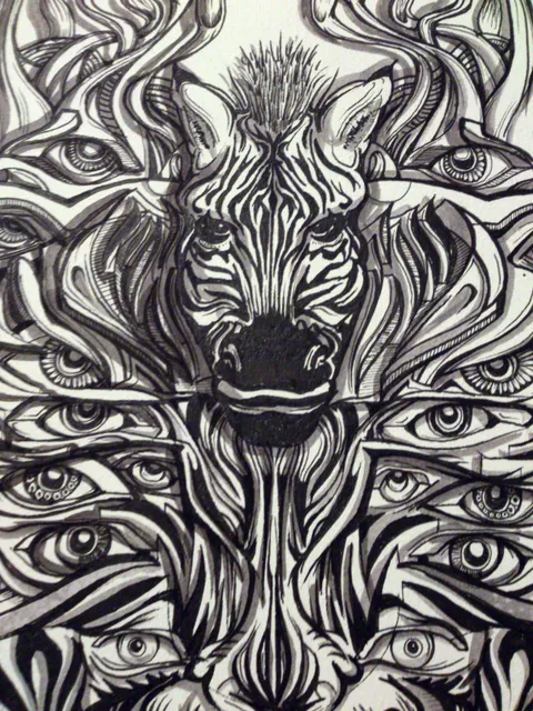 Black and white ink drawing of a zebra mask surrounded by symmetrical flowing lines and multiple eyes