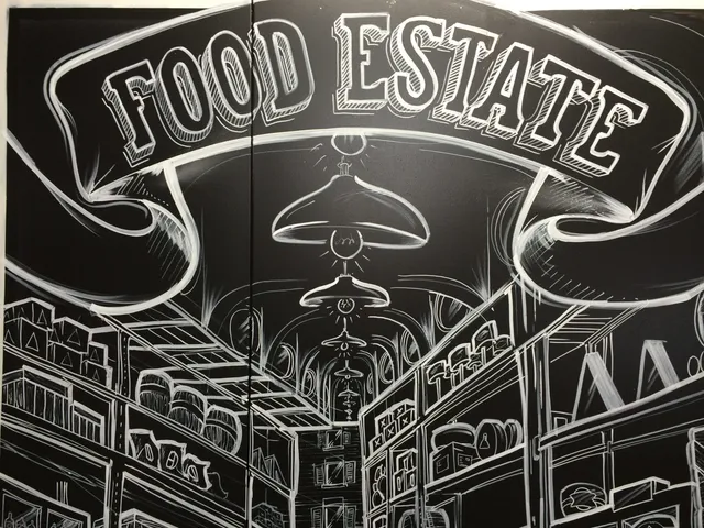 Chalkboard-style mural showing a FOOD ESTATE banner over a perspective view of shelves and lights