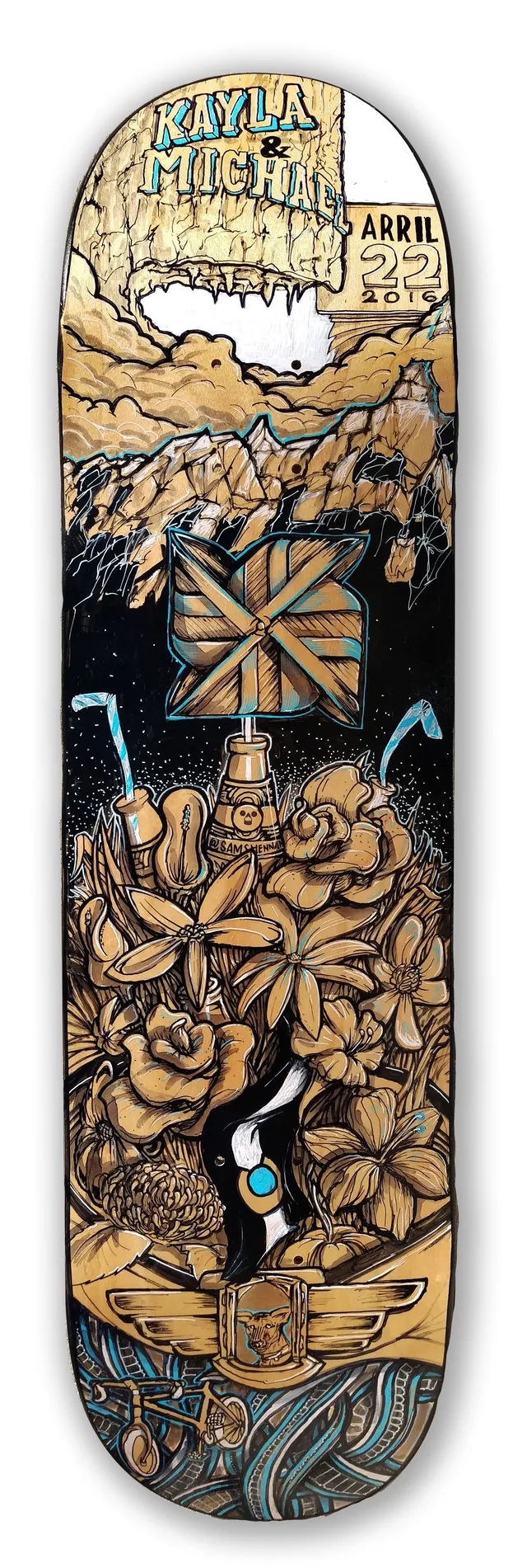 Finished custom handpainted skateboard graphic illustration
