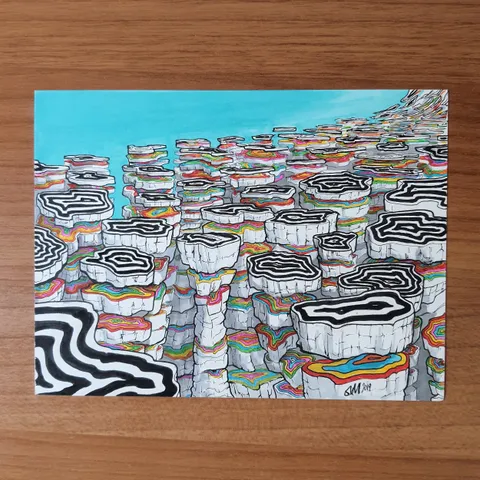 Marker drawing of a surreal landscape of stacked pillars with black and white wavy tops and rainbow-colored sides