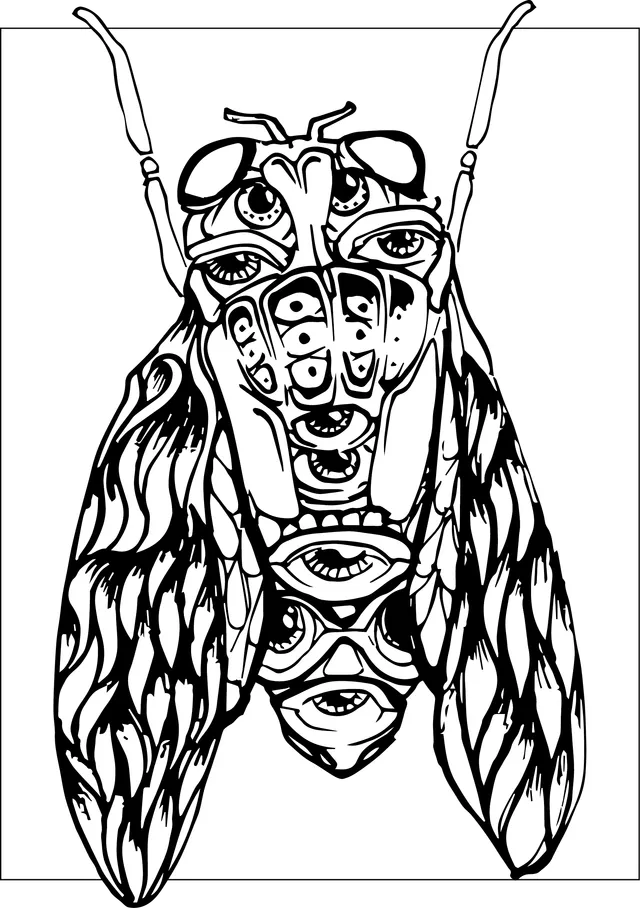 Black line drawing of a stylized cicada tattoo design featuring multiple eyes and totemic patterns