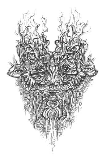 Intricate ink illustration of a symmetrical psychedelic mask with multiple eyes, branching horns, and flowing linework